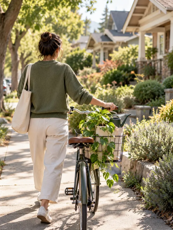 A sitter seen from behind walking a green bike down a sunny street of Craftsman houses, potted plants and a watering can in the front basket.