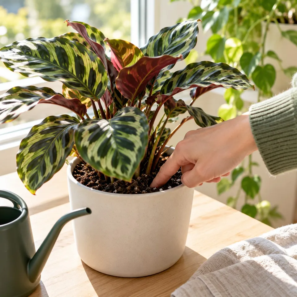 A fingertip testing the soil of a calathea, a sage watering can beside the pot.