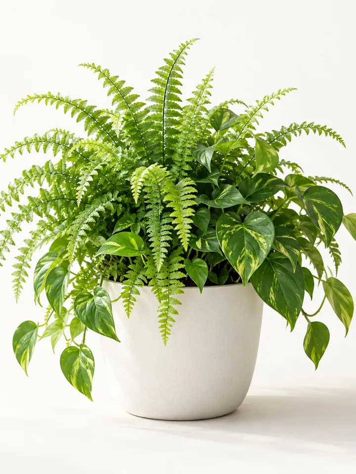 A Boston fern and a pothos sharing a white ceramic pot.
