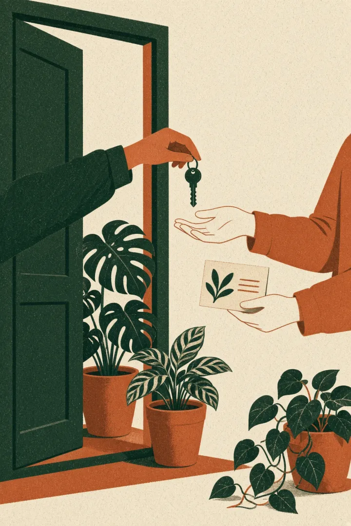 Print: at an open front door, one hand passes a house key into another open hand that also holds a care card; a monstera, a striped calathea and a pothos sit in terracotta pots by the door.