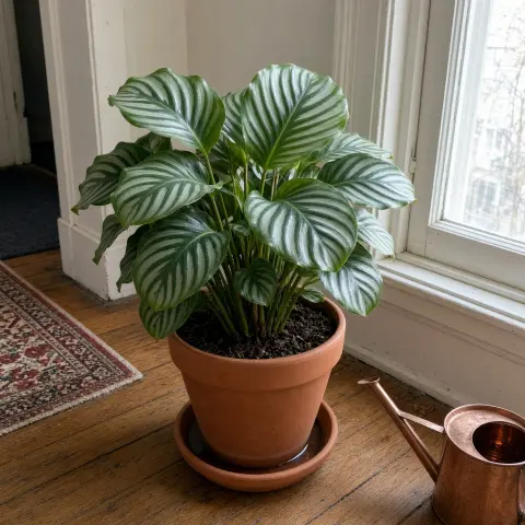 Illustrative photo of a healthy calathea orbifolia in a terracotta pot beside a window, soil freshly watered.